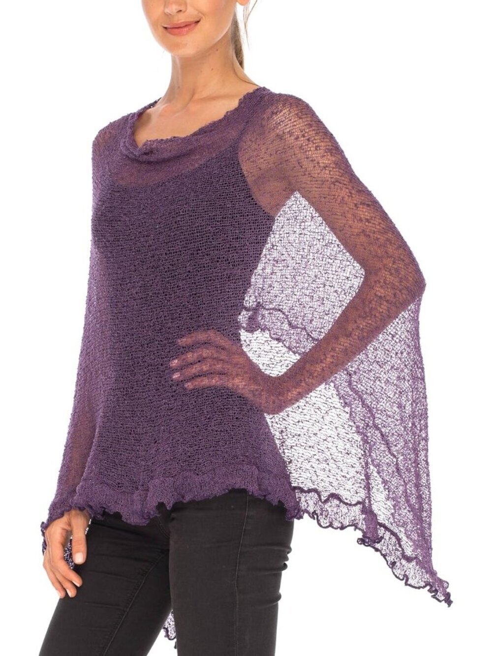 〽️Women’s Purple Sheer Knit Poncho Shrug Lightweight Asymmetrical Ruffle Wraps